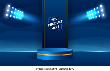 Stage Podium mit Lichteffekt. Abstrakter blauer Hintergrund. Leeres Podest für die Preisverleihung oder Produktpräsentation. Vektorgrafik