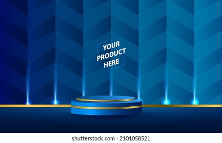 Stage podium with lighting effect. Abstract shape blue background. Empty pedestal for award ceremony or product presentation. Vector illustration