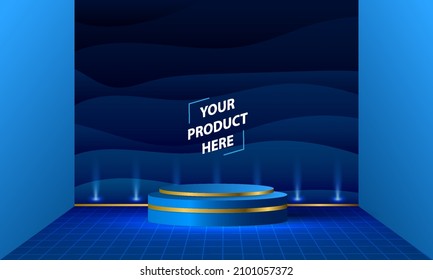 Stage podium with lighting effect on room. Abstract blue background. Empty pedestal for award ceremony or product presentation. Vector illustration