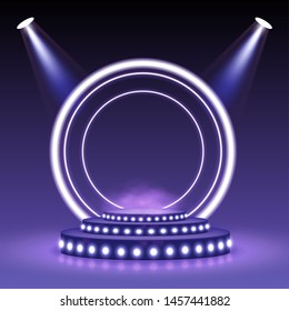 Stage podium with lighting. Empty pedestal for award ceremony on purple background. Graphic concept for your design