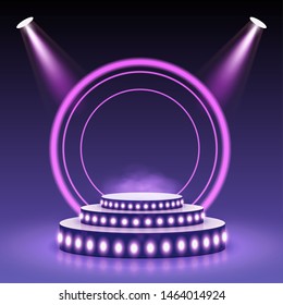 Stage podium with lighting. Empty pedestal for award ceremony on purple background. Graphic concept for your design