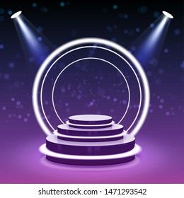 Stage podium with lighting. Empty pedestal for award ceremony on purple background. Graphic concept for your design