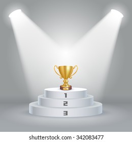 Stage podium with lighting, Gold Trophy Cup on prize podium with confetti, First place award, Champions or winners Infographic elements, Vector illustration.