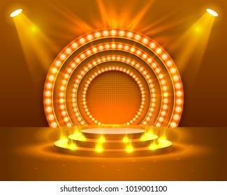 Stage podium with lighting, Stage Podium Scene with for Award Ceremony on orange Background, Vector illustration
