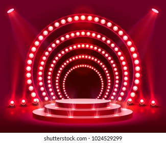 Stage podium with lighting, Stage Podium Scene with for Award Ceremony on red Background, Vector illustration
