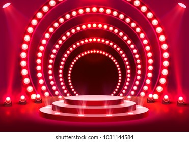 Stage podium with lighting, Stage Podium Scene with for Award Ceremony on red Background, Vector illustration