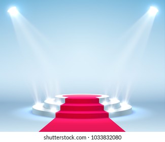 Stage podium with lighting, Stage Podium Scene with for Award Ceremony on blue Background, Vector illustration