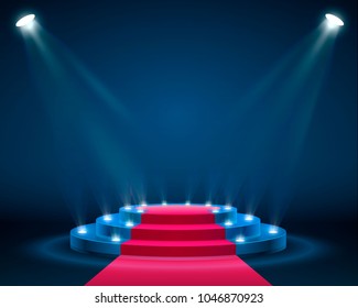 Stage podium with lighting, Stage Podium Scene with for Award Ceremony on blue Background, Vector illustration