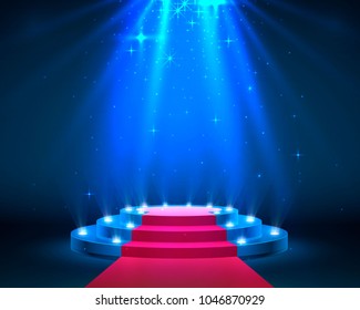 Stage podium with lighting, Stage Podium Scene with for Award Ceremony on blue Background, Vector illustration