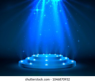 Stage podium with lighting, Stage Podium Scene with for Award Ceremony on blue Background, Vector illustration