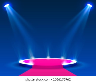 Stage podium with lighting, Stage Podium Scene with for Award Ceremony on blue Background, Vector illustration