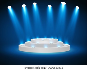 Stage podium with lighting, Stage Podium Scene with for Award Ceremony on blue Background, Vector illustration