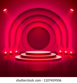 Stage podium with lighting, Stage Podium Scene with for Award Ceremony on red Background, Vector illustration