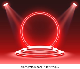 Stage podium with lighting, Stage Podium Scene with for Award Ceremony on red Background, Vector illustration