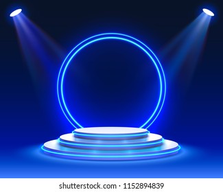 Stage podium with lighting, Stage Podium Scene with for Award Ceremony on blue Background, Vector illustration