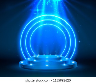 Stage podium with lighting, Stage Podium Scene with for Award Ceremony on blue Background, Vector illustration