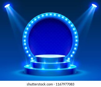 Stage podium with lighting, Stage Podium Scene with for Award Ceremony on blue Background, Vector illustration