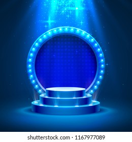 Stage podium with lighting, Stage Podium Scene with for Award Ceremony on blue Background. Vector illustration