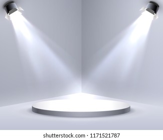 Stage podium with lighting, Stage Podium Scene with for Award Ceremony on blue Background, Vector illustration