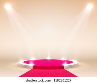 Stage podium with lighting, Stage Podium Scene with for Award Ceremony on orange Background, Vector illustration