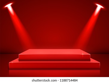 Stage podium with lighting, Stage Podium Scene with for Award Ceremony on red Background. Vector illustration