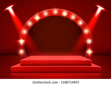 Stage podium with lighting, Stage Podium Scene with for Award Ceremony on red Background. Vector illustration