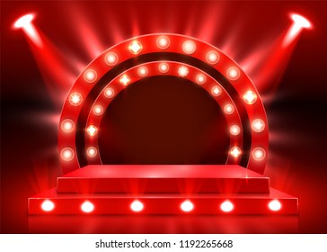 Stage podium with lighting, Stage Podium Scene with for Award Ceremony on red Background. Vector illustration Stage podium with lighting, Stage Podium Scene with for Award Ceremony on red Background. Vector illustration