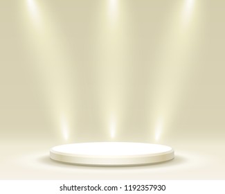 Stage Podium With Lighting, Stage Podium Scene With For Award Ceremony On Yellow Background, Vector Illustration