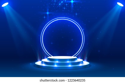 Stage Podium With Lighting, Stage Podium Scene With For Award Ceremony On Blue Background, Vector Illustration