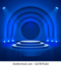 Stage podium with lighting, Stage Podium Scene with for Award Ceremony on blue Background, Vector illustration