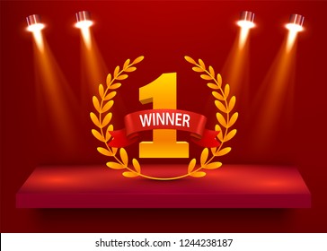 Stage podium with lighting, Stage Podium Scene with for Award Ceremony on red Background. Vector illustration