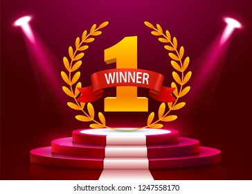 Stage podium with lighting, Stage Podium Scene with for Award Ceremony on red Background. Vector illustration