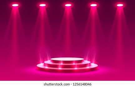 Stage podium with lighting, Stage Podium Scene with for Award Ceremony on red Background, Vector illustration