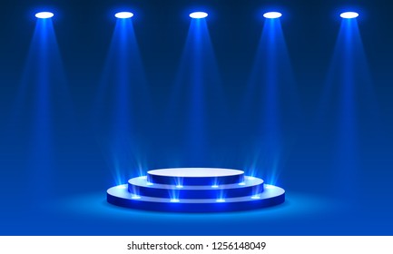 Stage podium with lighting, Stage Podium Scene with for Award Ceremony on blue Background, Vector illustration