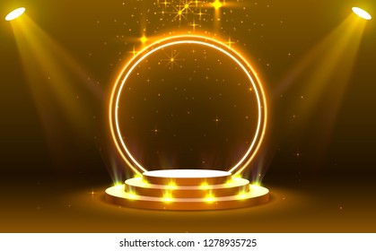 Stage podium with lighting, Stage Podium Scene with for Award Ceremony on orange Background, Vector illustration