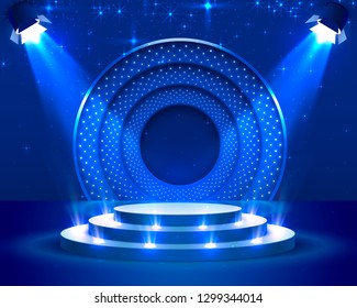 Stage podium with lighting, Stage Podium Scene with for Award Ceremony on blue Background, Vector illustration