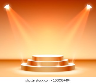 Stage podium with lighting, Stage Podium Scene with for Award Ceremony on orange Background, Vector illustration Stage podium with lighting, Stage Podium Scene with for Award Ceremony on orange Background, Vector illustration