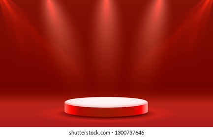 Stage podium with lighting, Stage Podium Scene with for Award Ceremony on red Background, Vector illustration