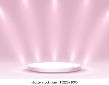 Stage podium with lighting, Stage Podium Scene with for Award Ceremony on pink Background, Vector illustration
