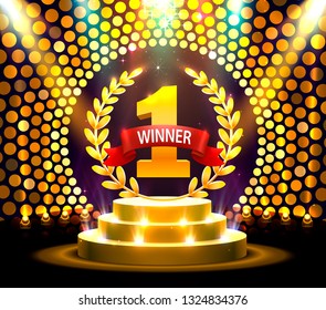 Stage podium with lighting, Stage Podium Scene with for Award Ceremony on Night Background, Vector illustration