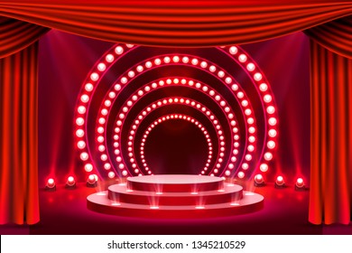 Stage podium with lighting, Stage Podium Scene with for Award Ceremony on red Background, Vector illustration