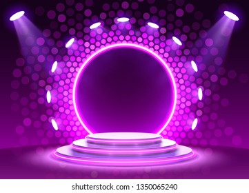 Stage podium with lighting, Stage Podium Scene with for Award Ceremony on purple Background, Vector illustration