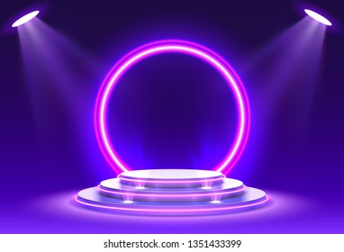 Stage podium with lighting, Stage Podium Scene with for Award Ceremony on purple Background, Vector illustration