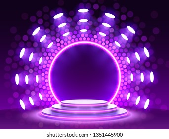 Stage podium with lighting, Stage Podium Scene with for Award Ceremony on purple Background, Vector illustration