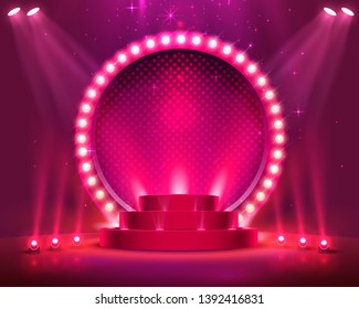 Stage podium with lighting, Stage Podium Scene with for Award Ceremony on red Background, Vector illustration