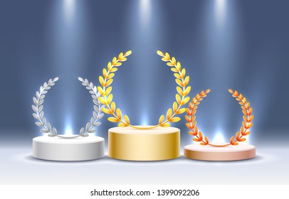 Stage podium with lighting, Stage Podium Scene with for Award Ceremony on blue Background, Vector illustration