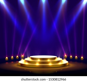 Stage podium with lighting, Stage Podium Scene with for Award Ceremony on blue Background. Vector illustration