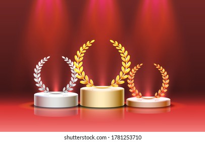 Stage podium with lighting, Stage Podium Scene with for Award Ceremony on red Background. Vector illustration