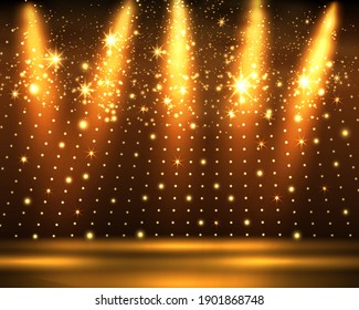 Stage Podium With Lighting, Stage Podium Scene With For Award Ceremony On Golden Background. Vector Illustration.