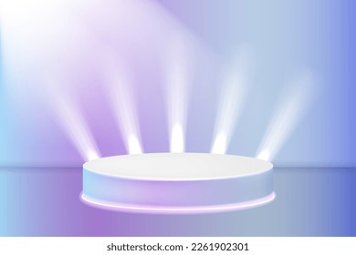 Stage podium with lighting, Stage Podium Scene with for Award. Studio background with realistic podium spotlight. Mockup empty white stair for award.